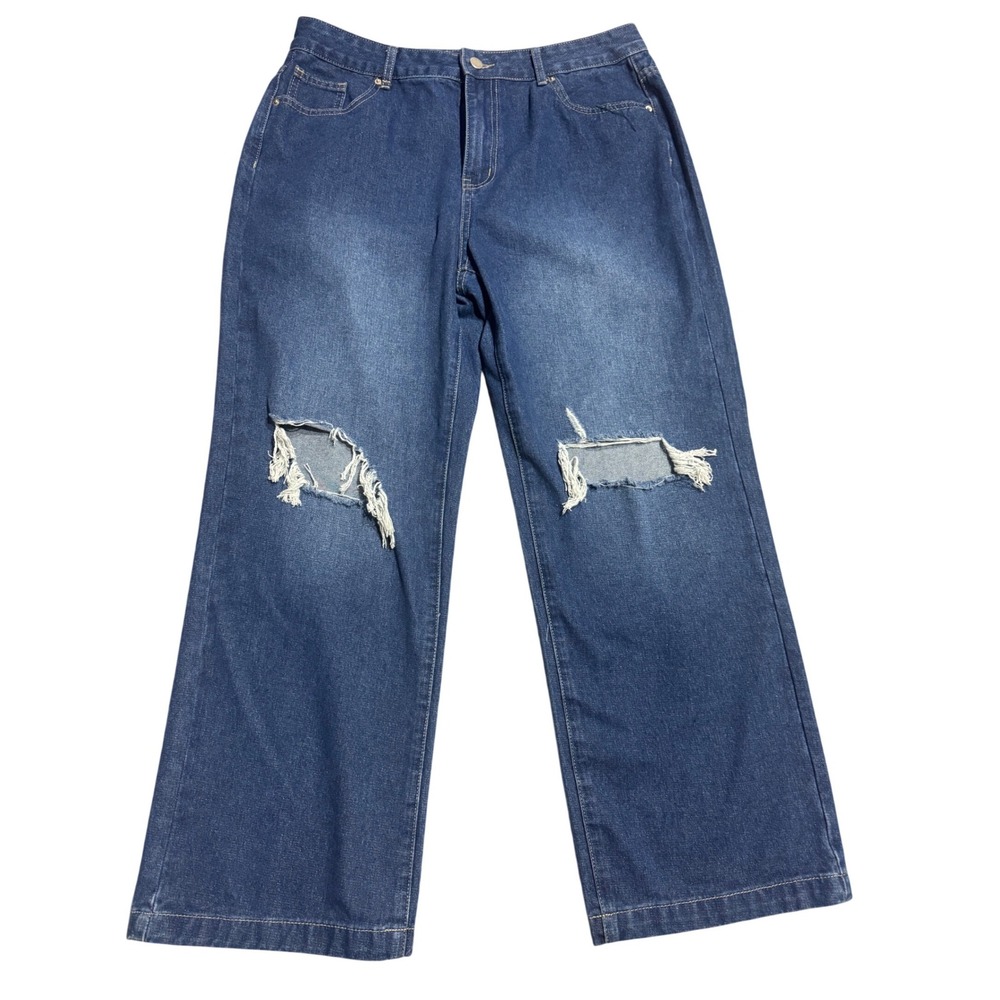 GILIPUR TL697‎ Dark Blue Distressed Wide Leg Ripped Jeans Womens XL